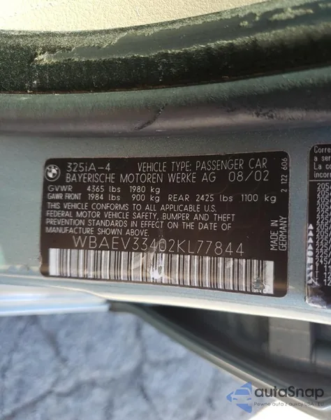 2002 BMW 325 I z USA, uszkodzony, nr VIN WBAEV33402KL77844